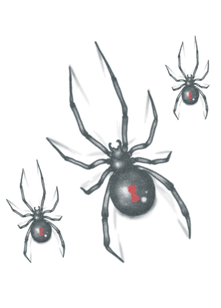 Three black widow spider tattoos with marked abdomens