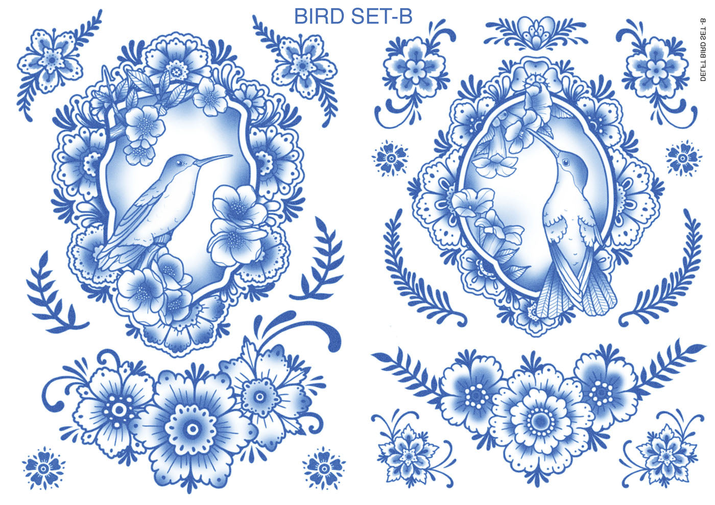 Delft Bird & Flower Tattoo Set - B