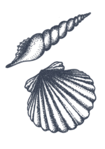 TATUAJE DE CONCHAS MARINAS EN PUNTILLISMO