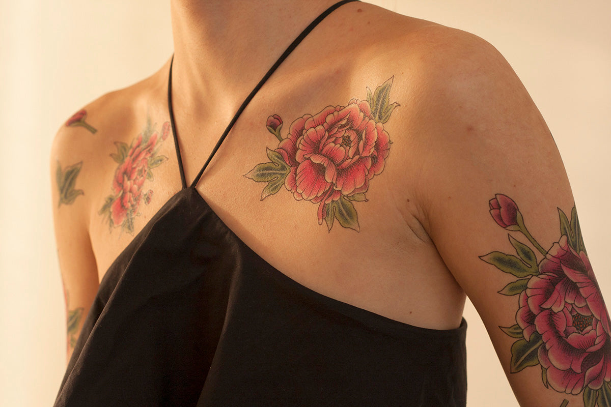 SET DE TATUAJES CON PEONÍAS MORADAS