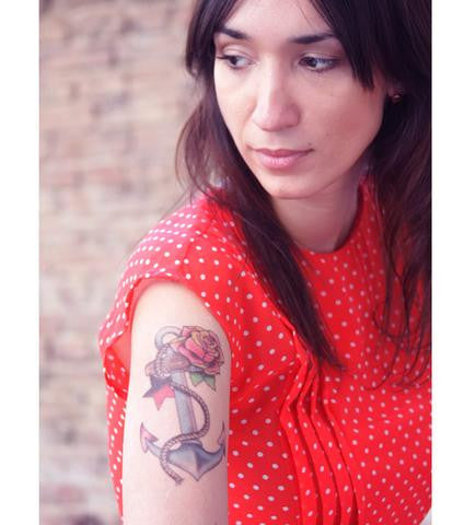 girl with anchor star and rose tattoo, anchor star and rose tattoo design, temporary tattoo