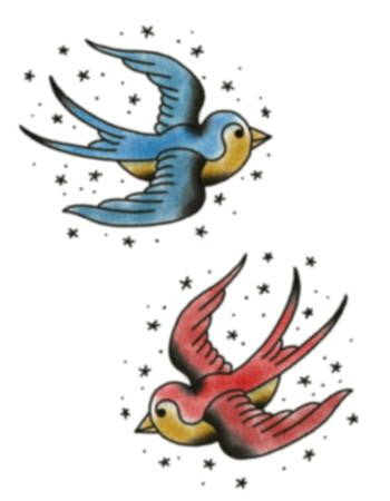 traditional swallows temporary tattoo, blue and red swallow with stars tattoo design,